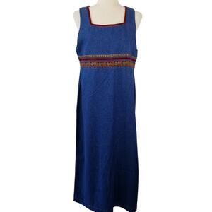 Erika & Co Blue Denim Gold Burgundy Ribbon Embellished Jumper Dress Size P M